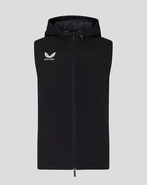 Black men's hooded gilet with front zip and Castore logo on left chest.