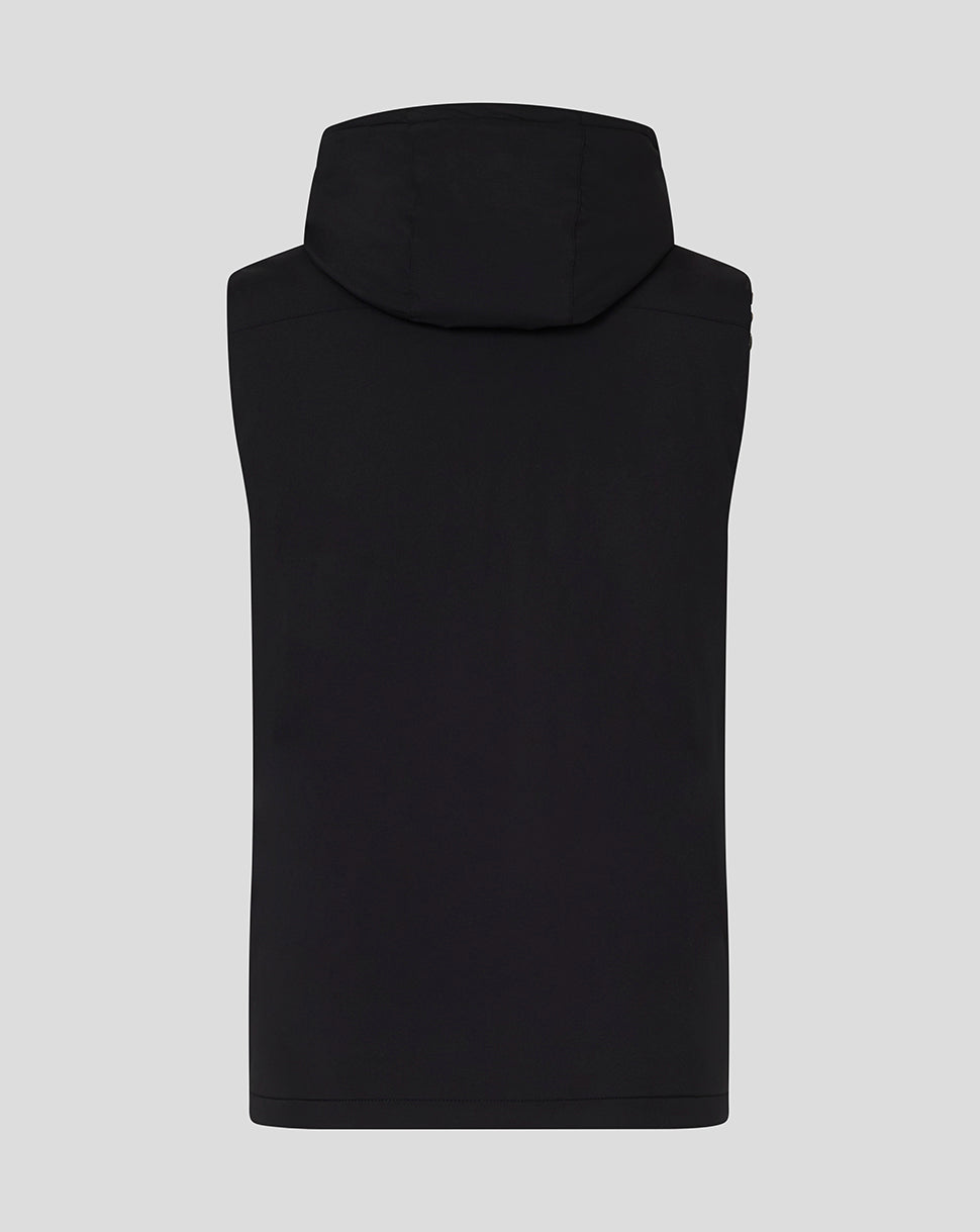 Back view of black sleeveless hooded gilet with hood from behind.