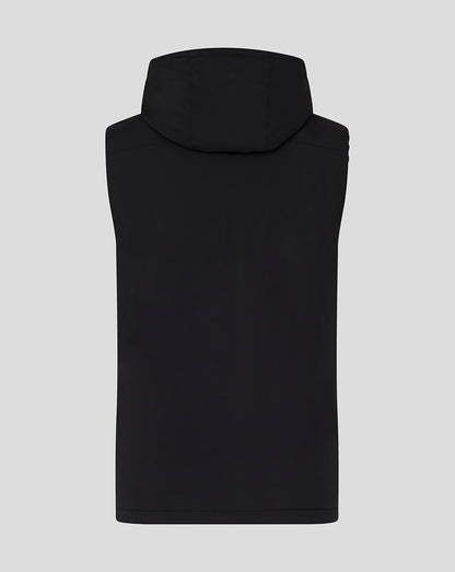 Back view of black sleeveless hooded gilet with hood from behind.
