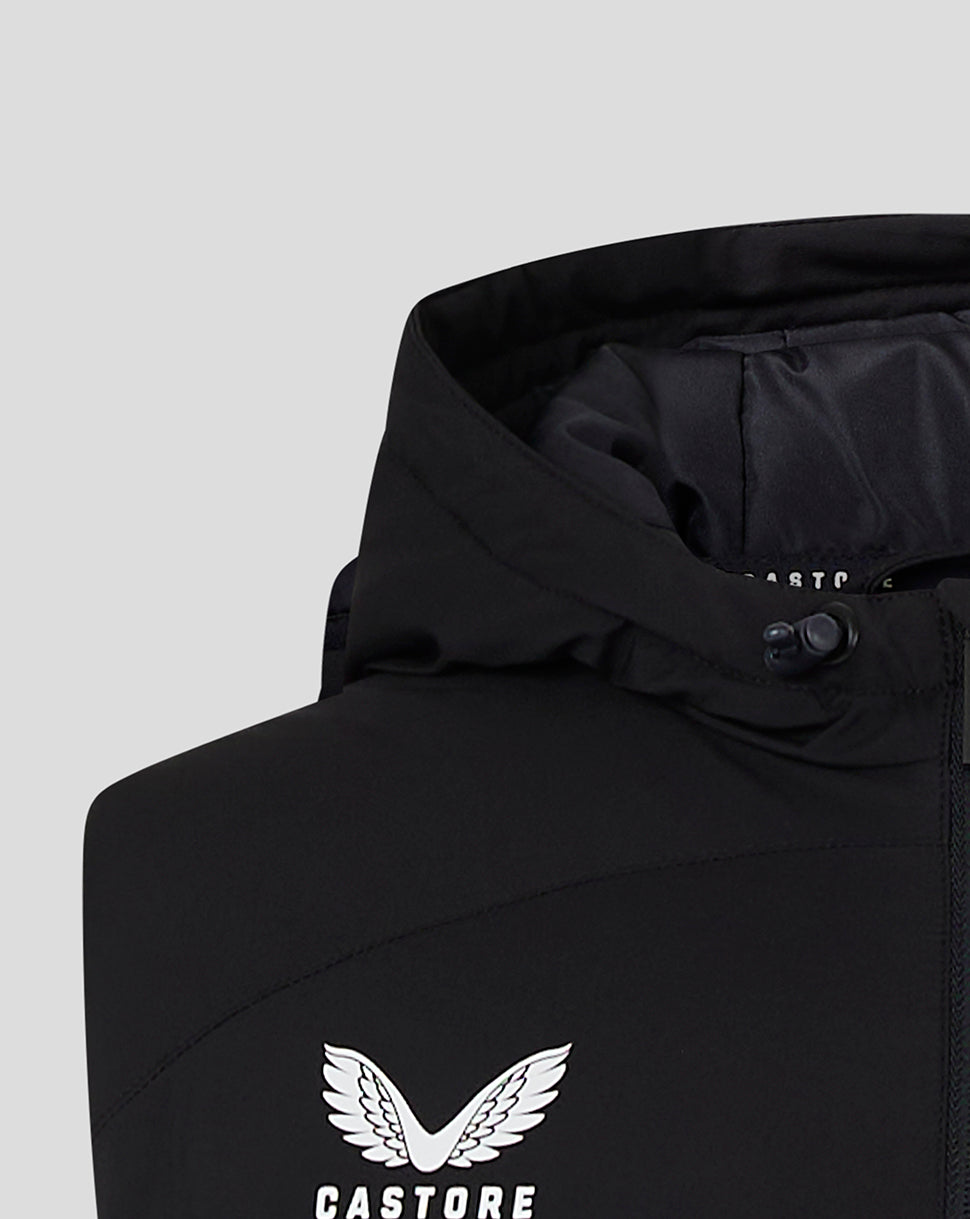 Close-up of black hooded gilet showing the hood detail and Castore logo.