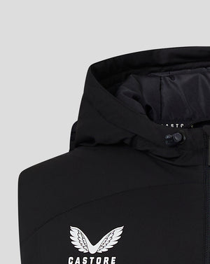 Close-up of black hooded gilet showing the hood detail and Castore logo.