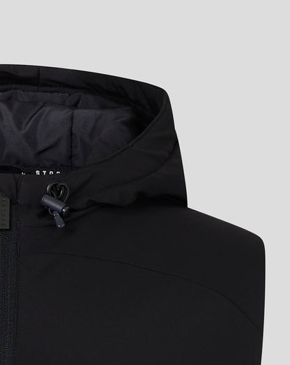 Close-up of the men's hooded gilet in caviar showing the hood drawstring toggle and front zipper