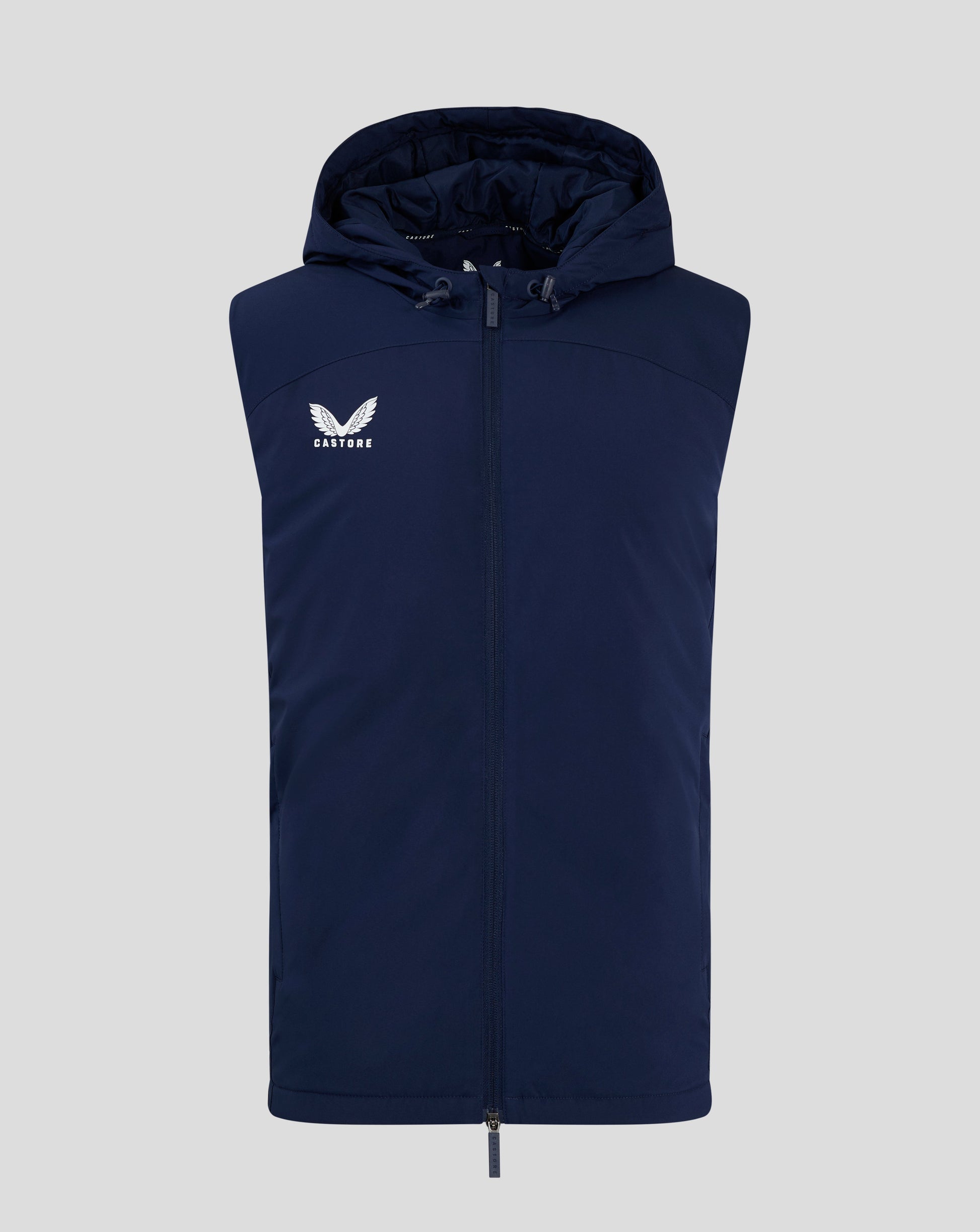 Front view of navy padded gilet with hood and full-length zip; Castore logo on the left chest