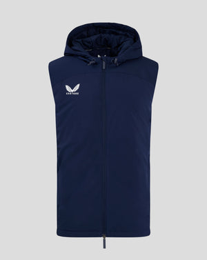 Front view of navy padded gilet with hood and full-length zip; Castore logo on the left chest