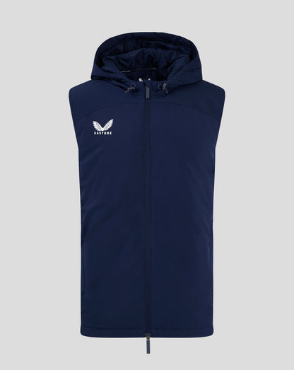 Front view of navy padded gilet with hood and full-length zip; Castore logo on the left chest