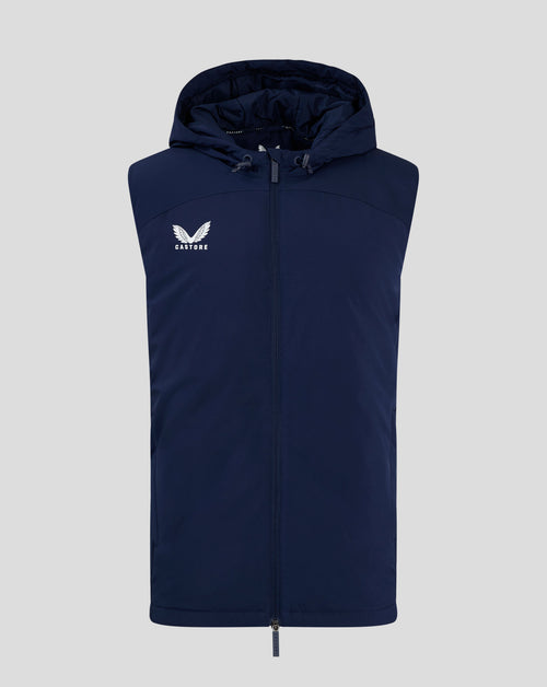 Front view of navy padded gilet with hood and full-length zip; Castore logo on the left chest