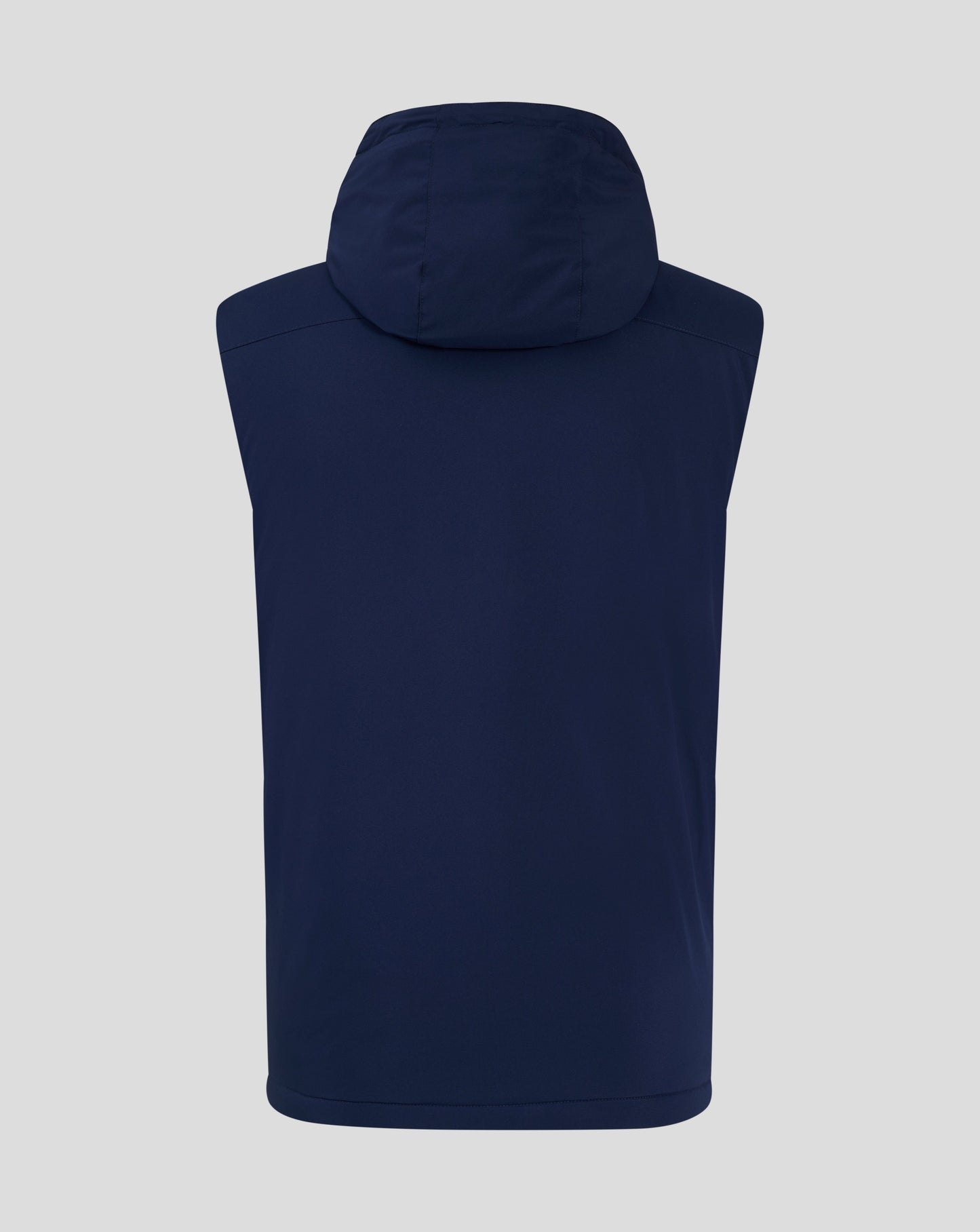 Back view of navy padded gilet with hood up, showing hood shape and clean silhouette