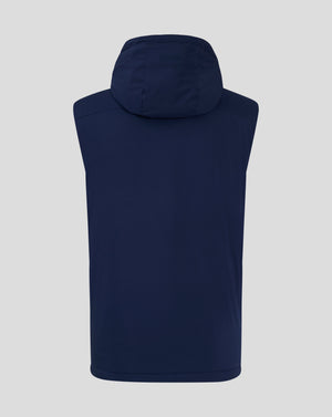 Back view of navy padded gilet with hood up, showing hood shape and clean silhouette