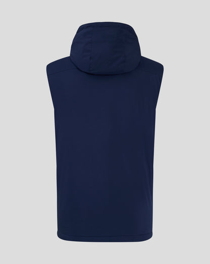 Back view of navy padded gilet with hood up, showing hood shape and clean silhouette