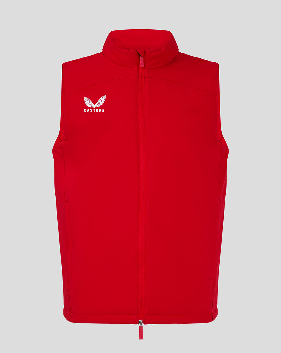 Mens padded red gilet with stand up collar and full length zipper and Castore logo on left chest