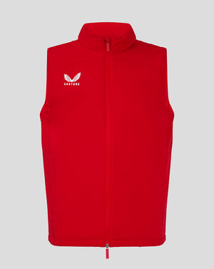 Mens padded red gilet with stand up collar and full length zipper and Castore logo on left chest