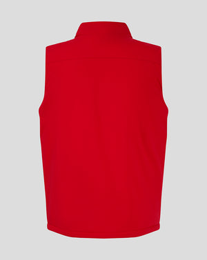 Back view of red padded gilet with funnel neck.