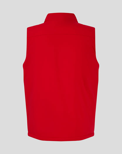 Back view of red padded gilet with funnel neck.