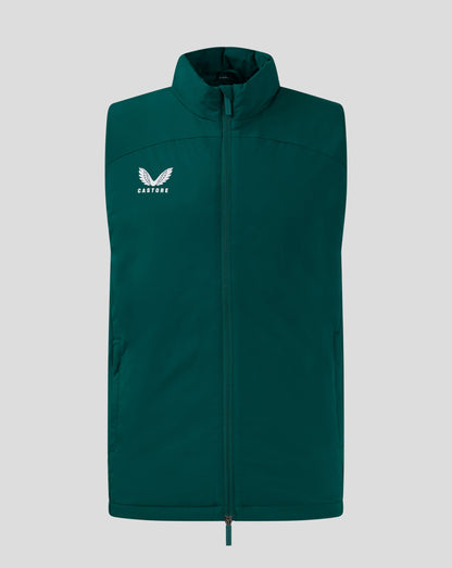 Botanical green padded gilet with funnel neck and full zip; Castore logo on left chest.
