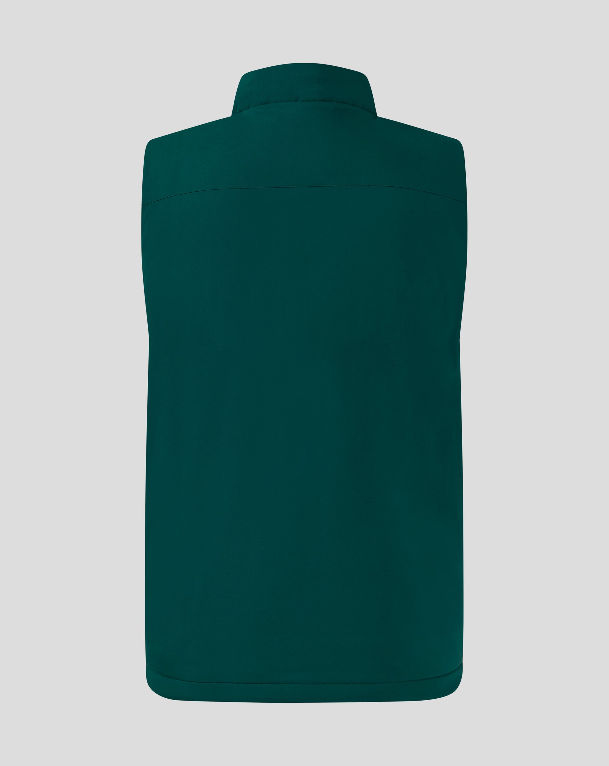 Back view of a teal padded gilet with a high funnel neck and curved upper back seam