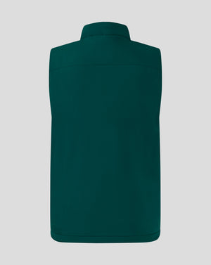 Back view of a teal padded gilet with a high funnel neck and curved upper back seam