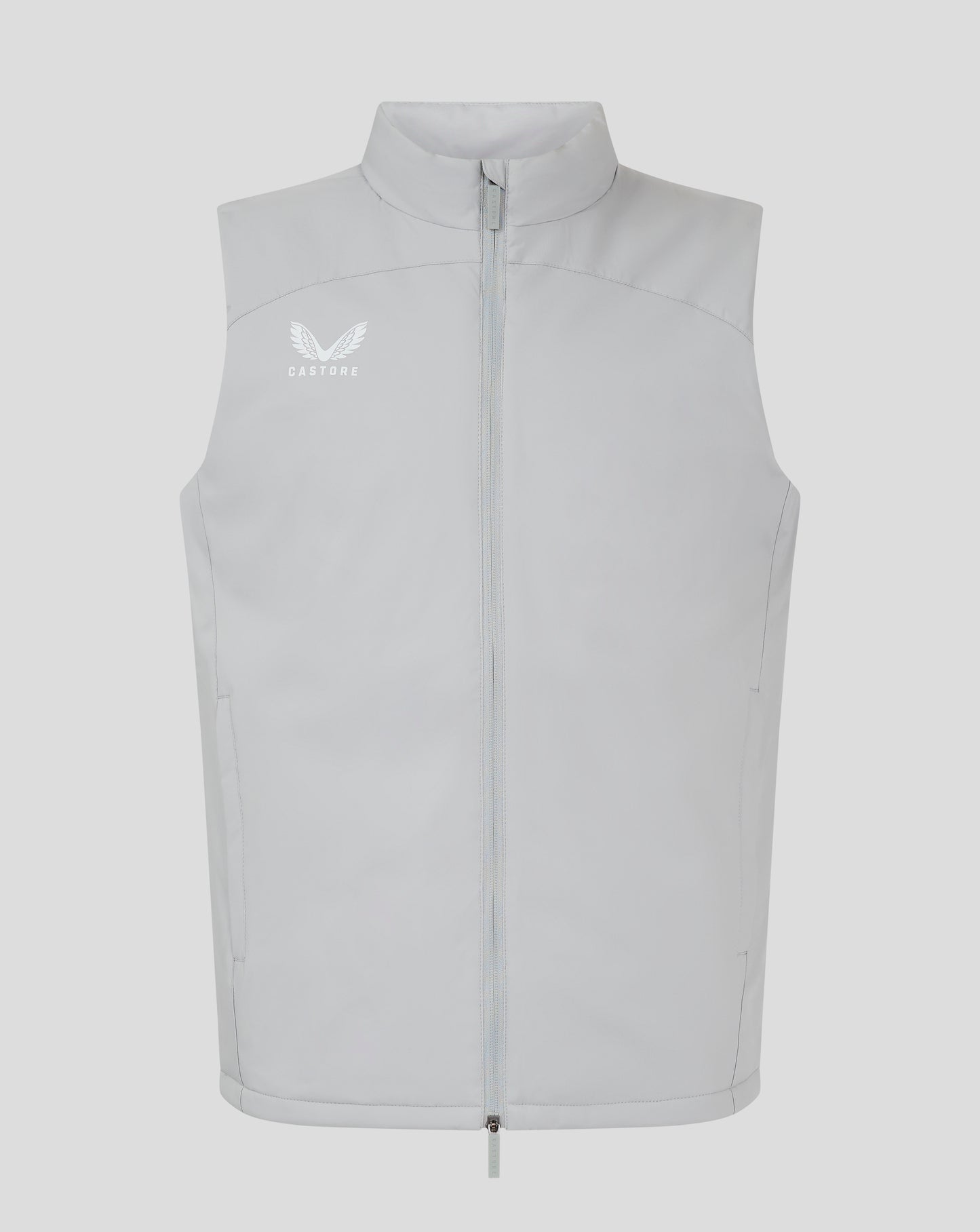 Light gray padded vest with funnel neck and full zip Castore logo on the chest