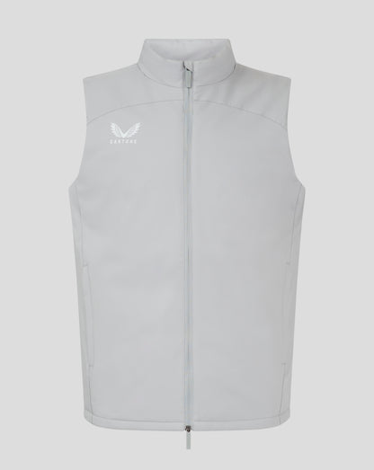 Light gray padded vest with funnel neck and full zip Castore logo on the chest