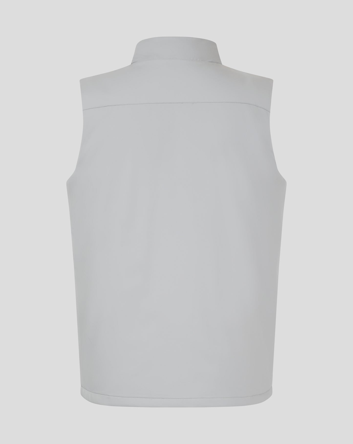 Back view of white padded gilet with funnel neck and subtle back seam