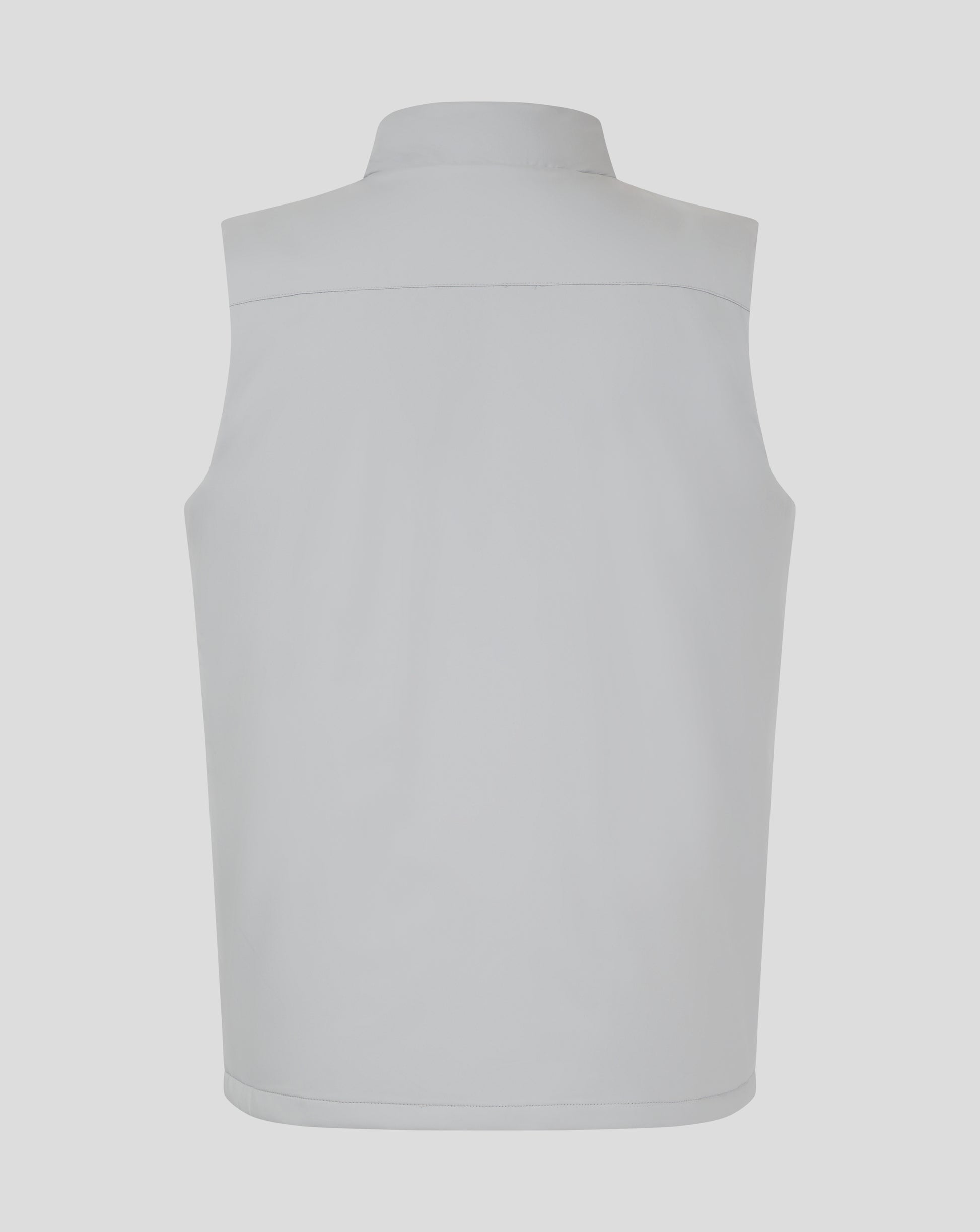 Back view of white padded gilet with funnel neck and subtle back seam