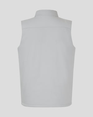 Back view of white padded gilet with funnel neck and subtle back seam