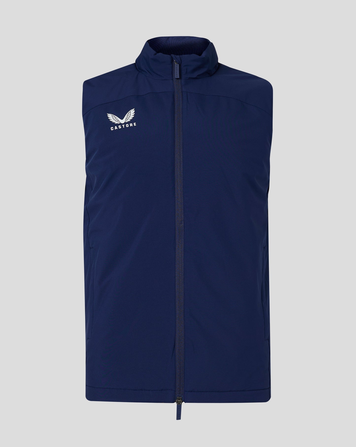 Navy padded gilet with full zip and high collar Castore logo on the chest