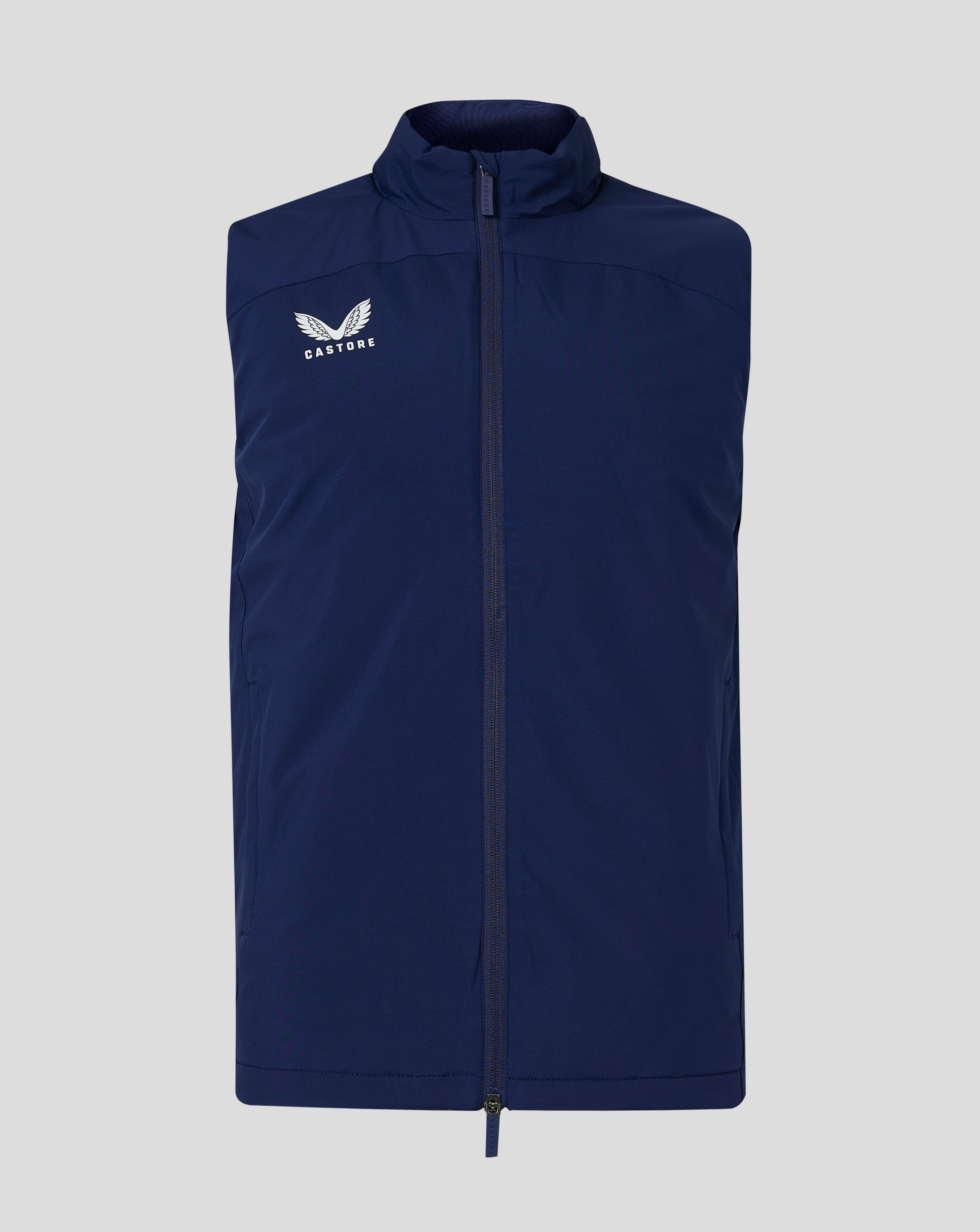 Navy padded gilet with full zip and high collar Castore logo on the chest