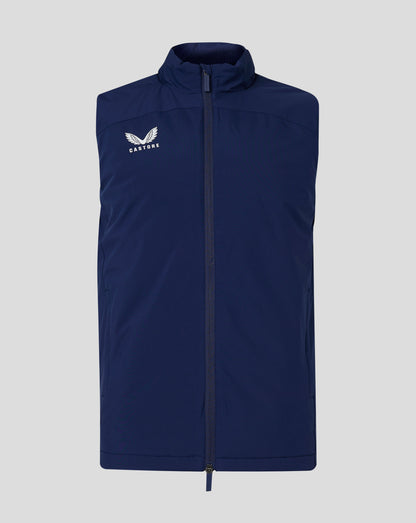 Navy padded gilet with full zip and high collar Castore logo on the chest