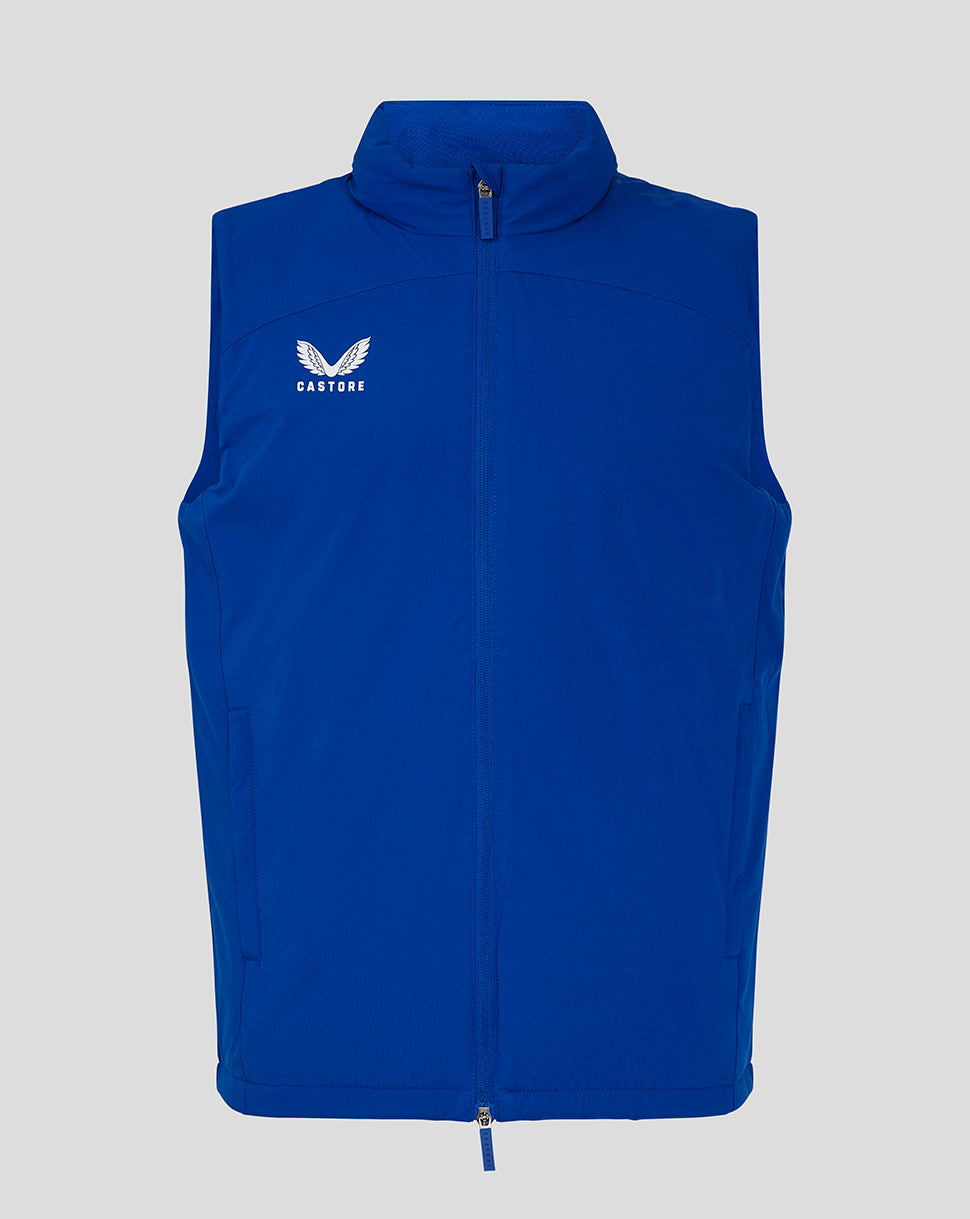 Front view of blue padded gilet with zip front and funnel neck