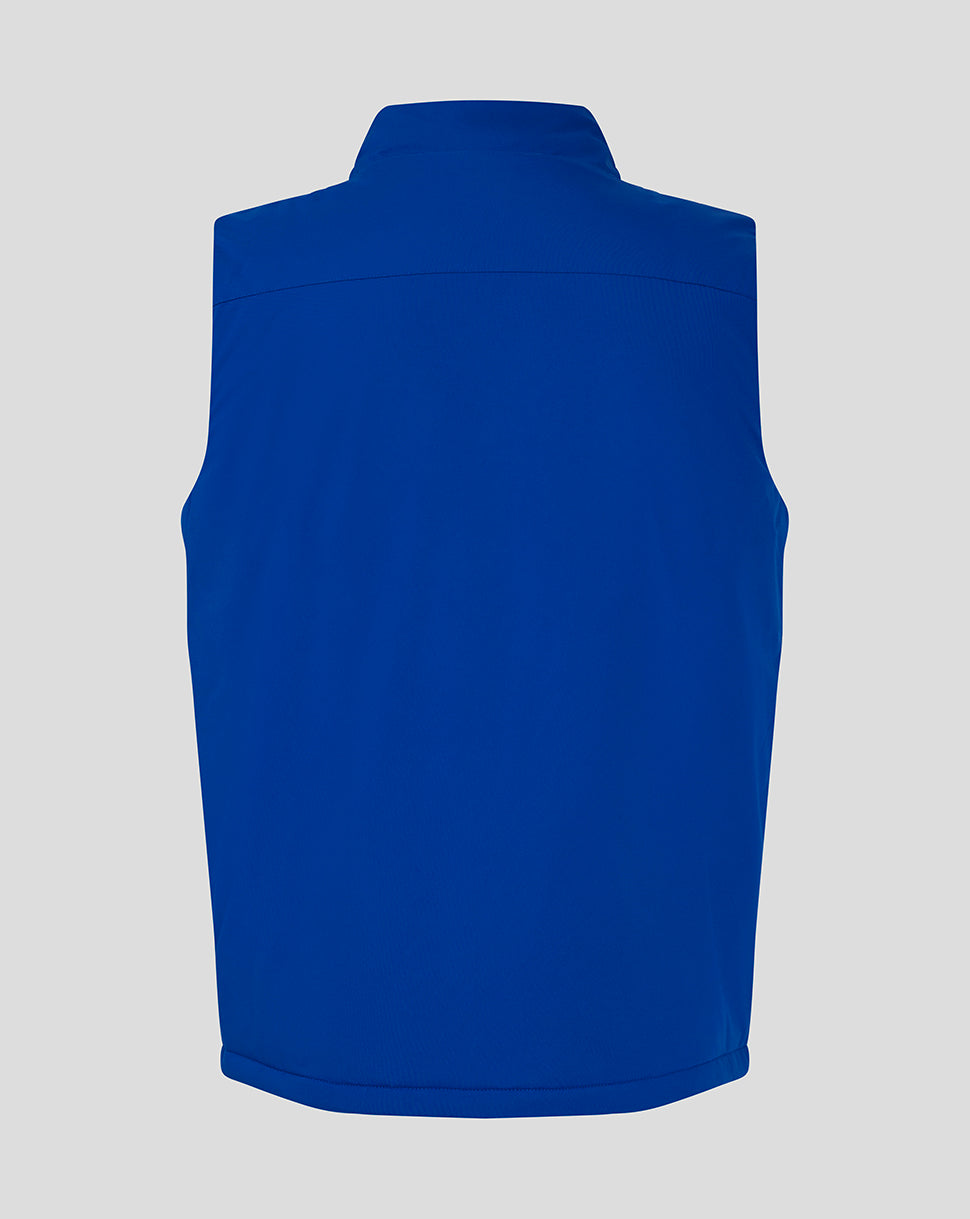 Back view of cobalt blue padded gilet with standing collar