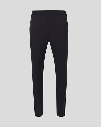 Back view of black men's track pants with an elastic waistband and tapered legs.