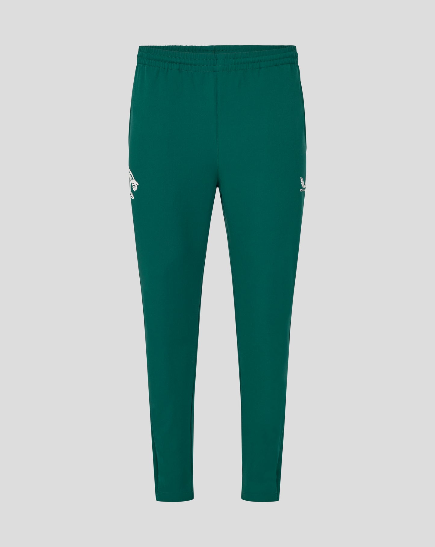 Back view of green Botanical training track pants with a white tiger logo on the left leg