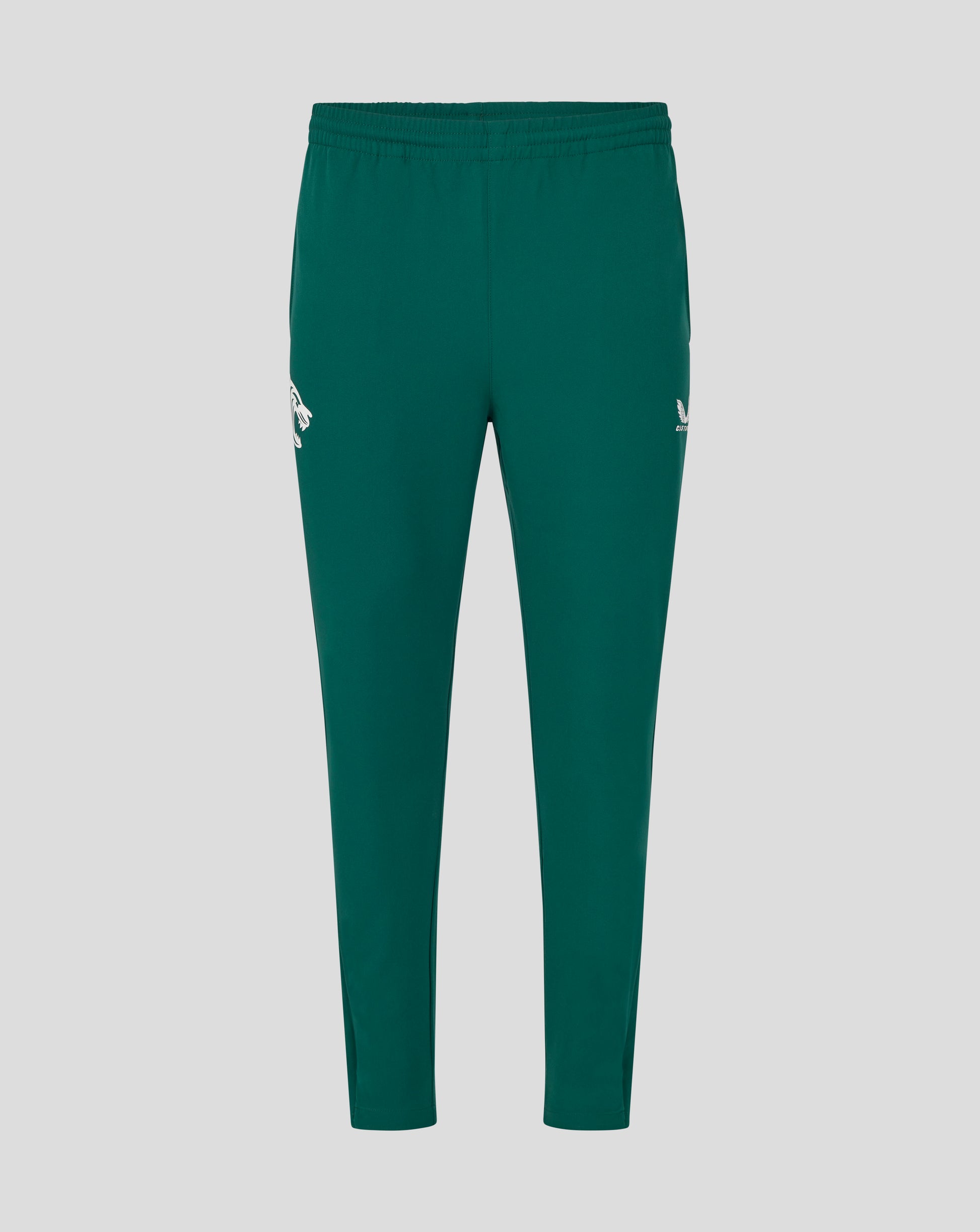 Back view of green Botanical training track pants with a white tiger logo on the left leg