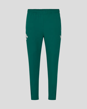 Back view of green Botanical training track pants with a white tiger logo on the left leg