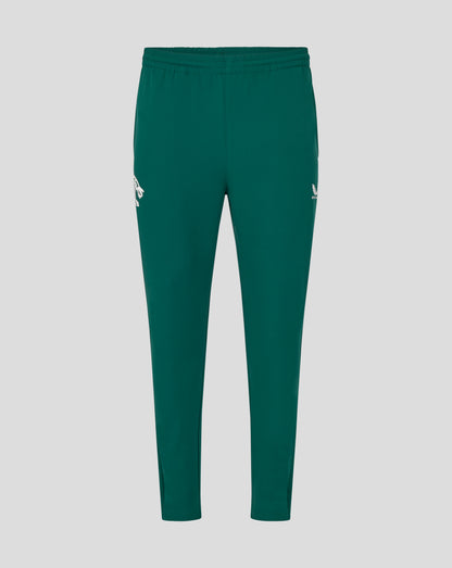 Back view of green Botanical training track pants with a white tiger logo on the left leg