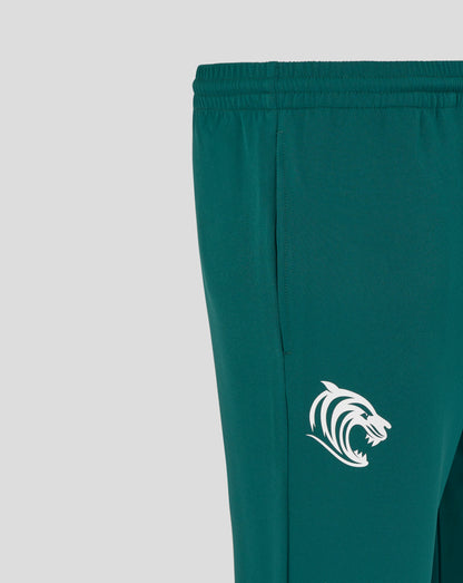 Teal Leicester Tigers training track pants close-up of elastic waistband and white tiger logo on the leg