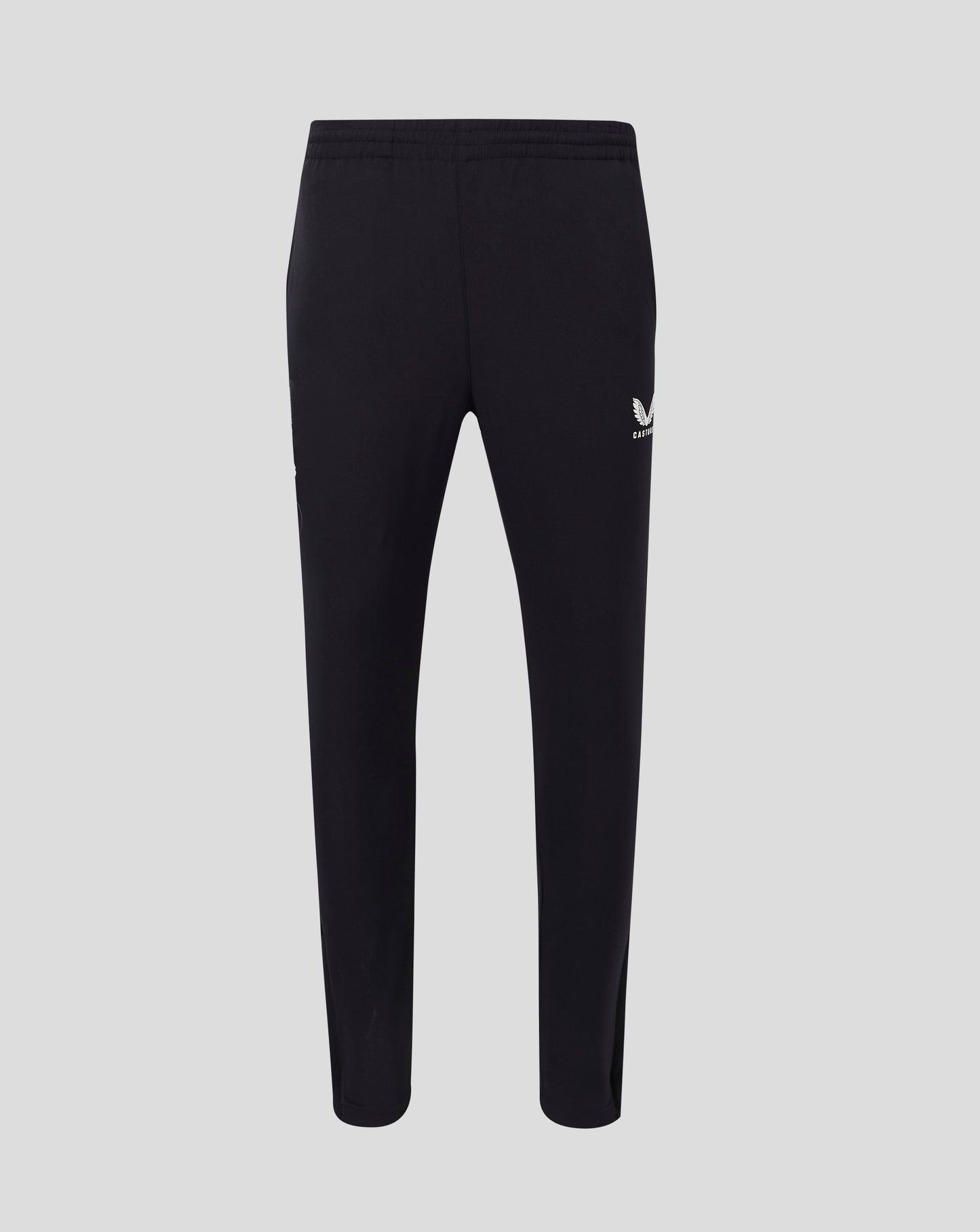 Back view of black mens track pants with Castore logo on the right hip