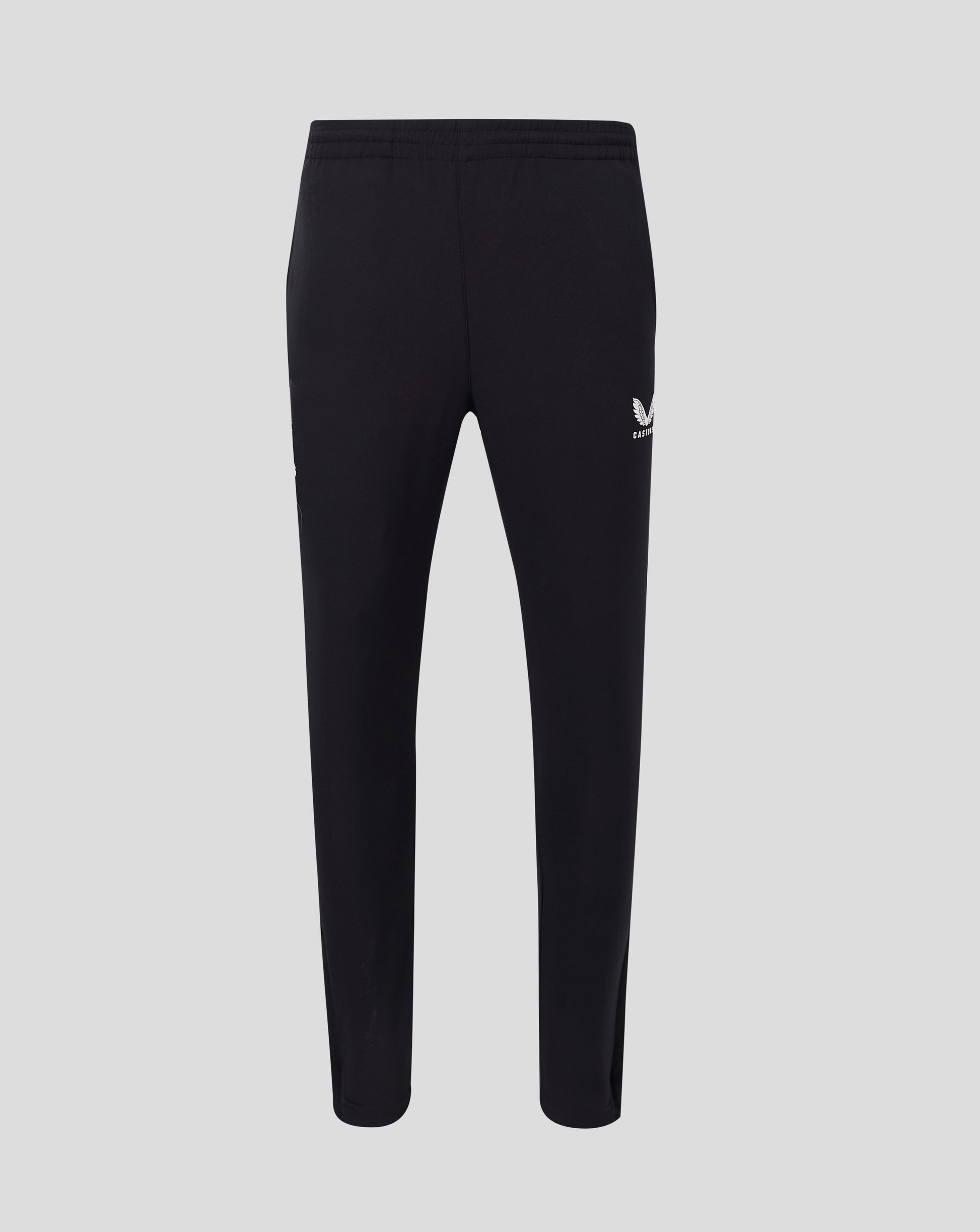 Back view of black mens track pants with Castore logo on the right hip