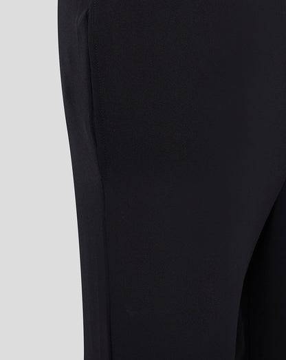 Close up of black fabric texture with ankle zipper detail on track pants.