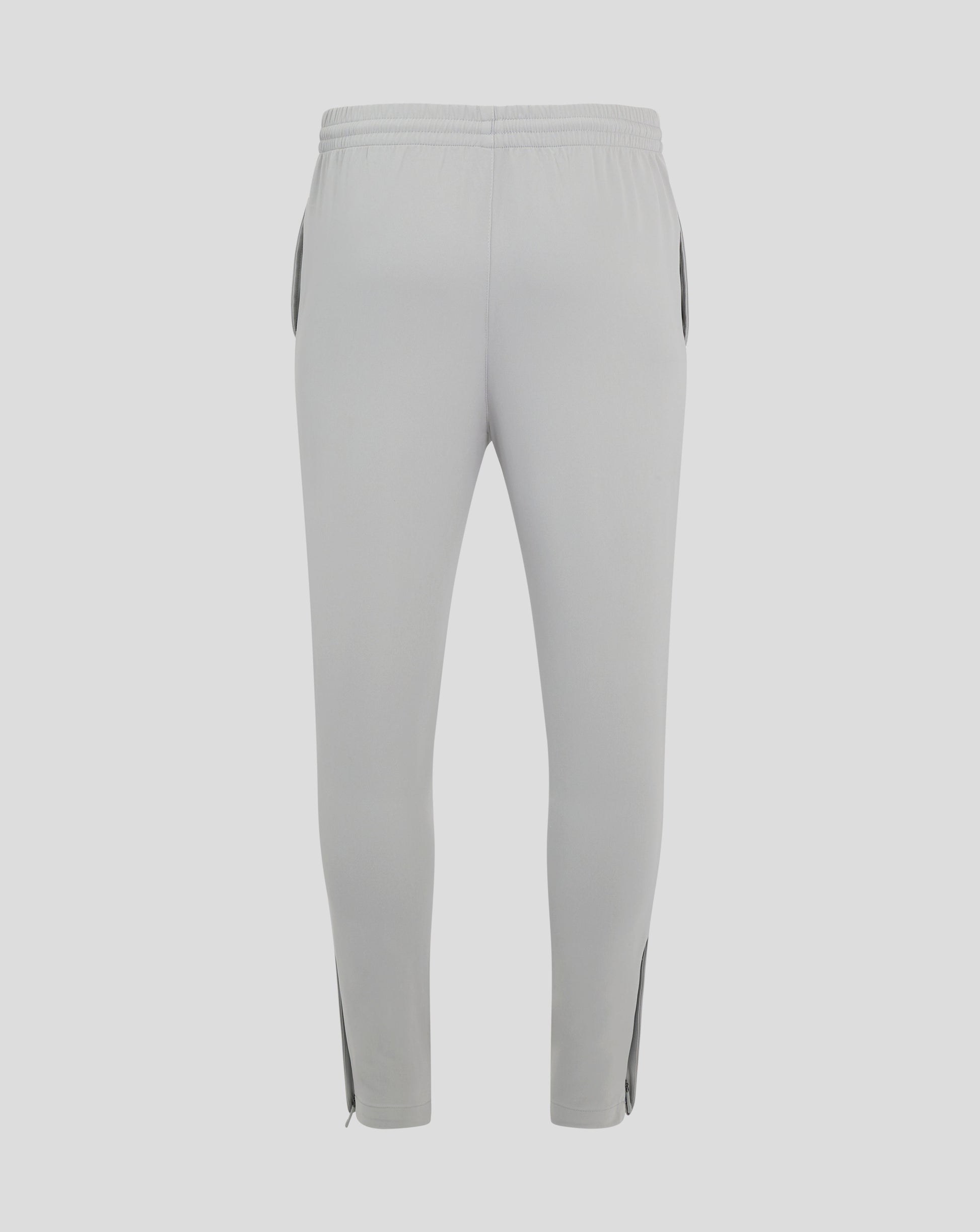 Back view of light gray mens track pants with an elastic waistband and center seam