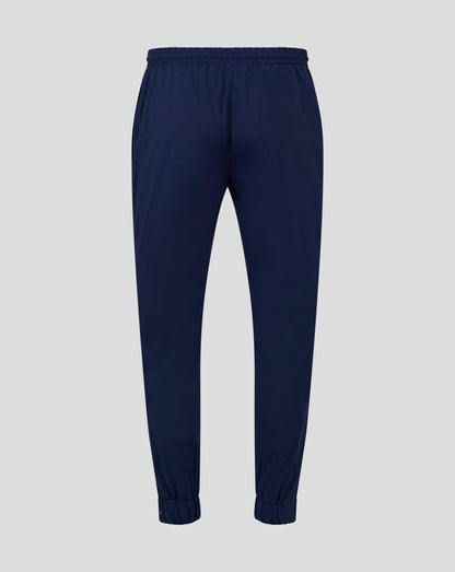 Back view of navy rugby pant with elasticated waistband and cuffs and mesh lining