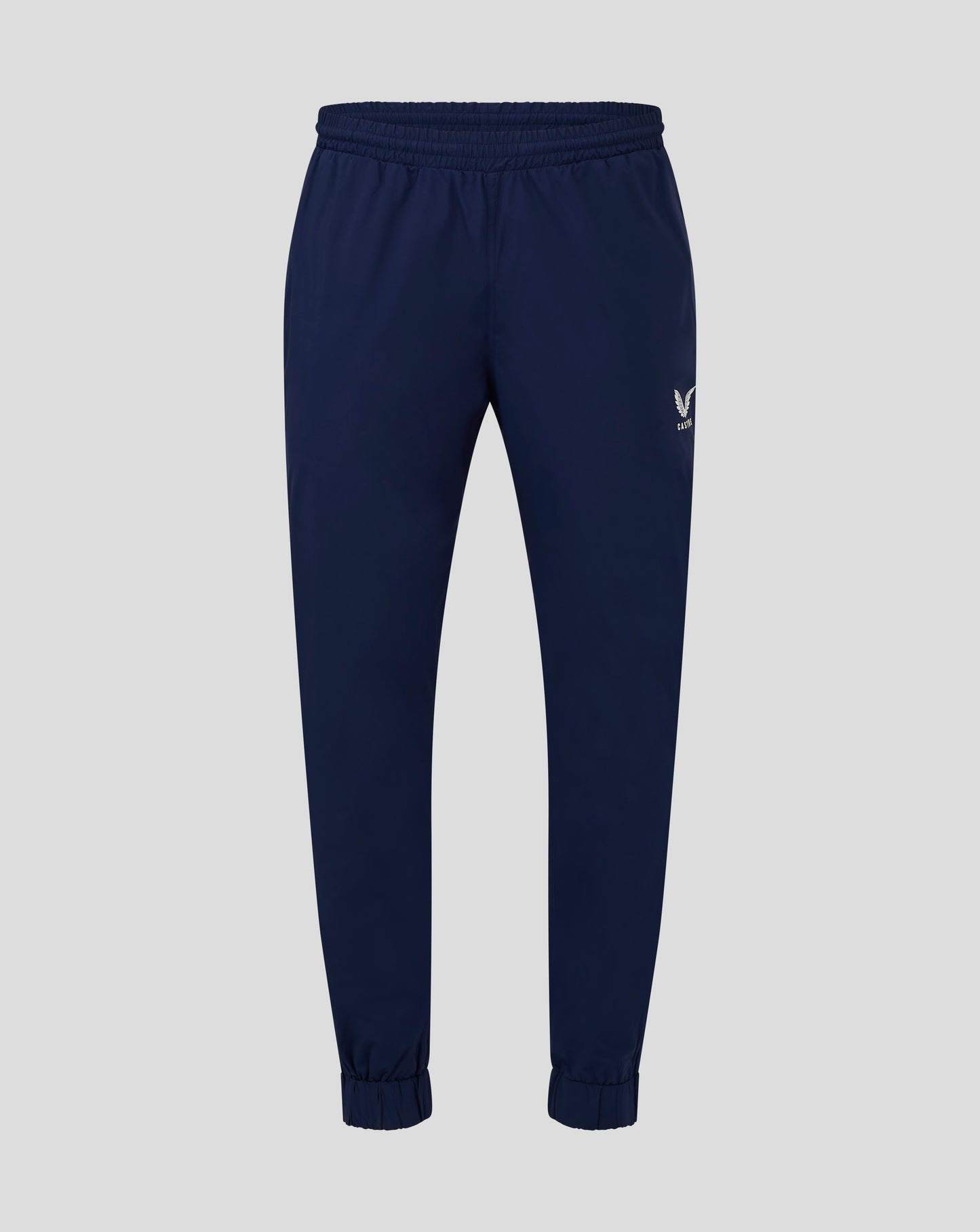 Front view of navy Mens Rugby Contact Pant with internal drawcord and elasticated cuffs and a Castore logo on the leg