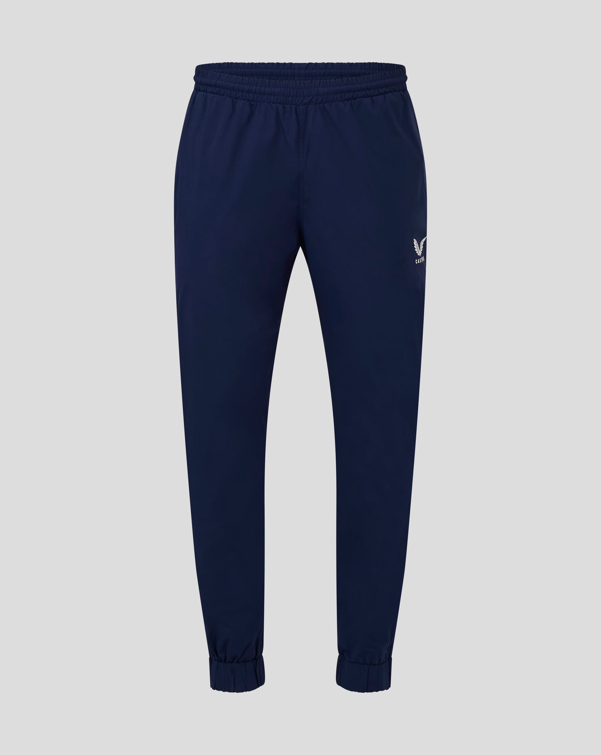 Front view of navy Mens Rugby Contact Pant with internal drawcord and elasticated cuffs and a Castore logo on the leg
