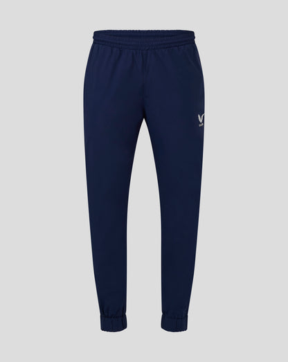 Front view of navy Mens Rugby Contact Pant with internal drawcord and elasticated cuffs and a Castore logo on the leg