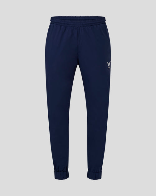 Front view of navy Mens Rugby Contact Pant with internal drawcord and elasticated cuffs and a Castore logo on the leg