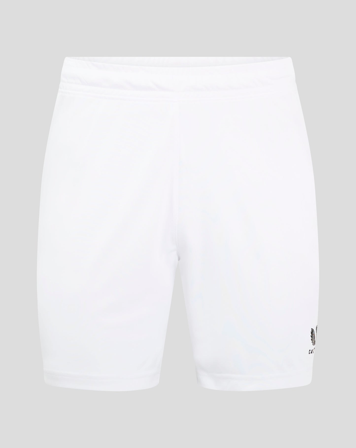 White match shorts with elastic waistband and drawcord channel and Castore logo near the hem