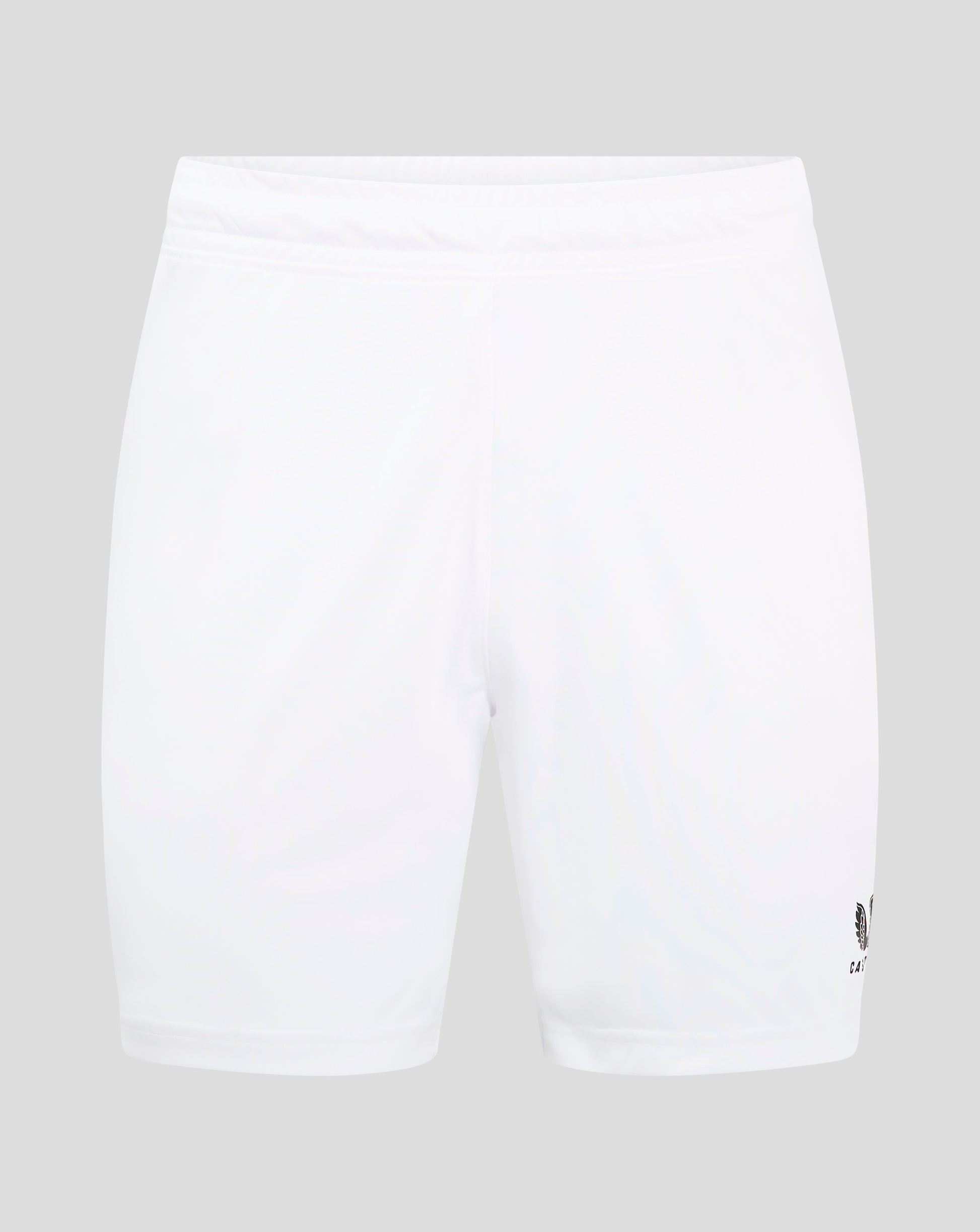 White match shorts with elastic waistband and drawcord channel and Castore logo near the hem