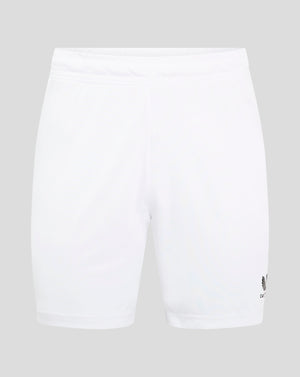 White match shorts with elastic waistband and drawcord channel and Castore logo near the hem