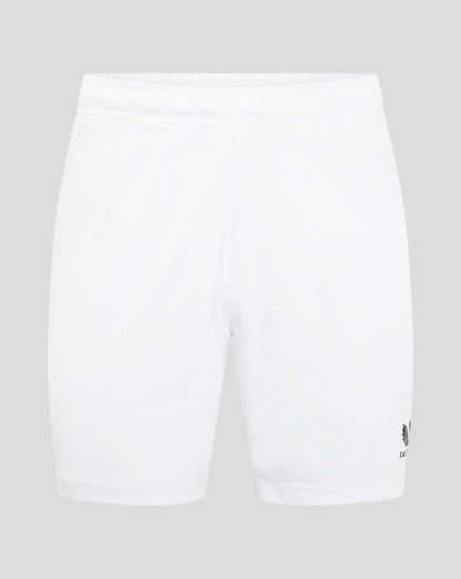White match shorts with elastic waistband and drawcord channel and Castore logo near the hem