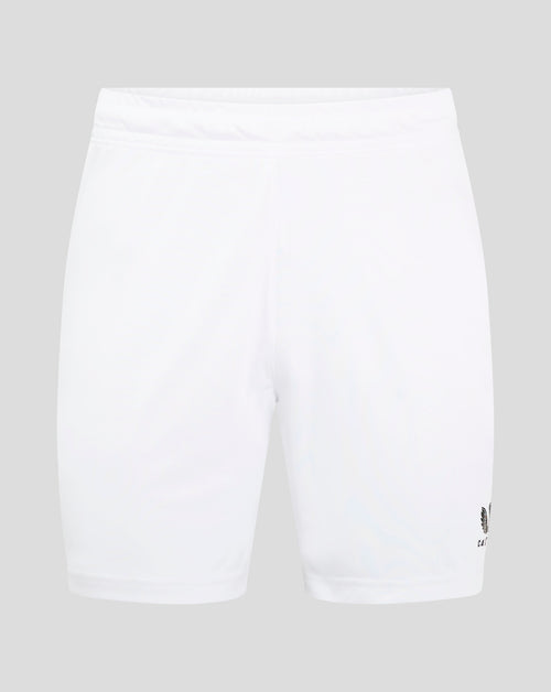 White match shorts with elastic waistband and drawcord channel and Castore logo near the hem